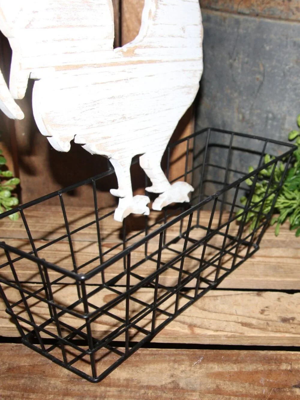 Adorable Distressed White & Black Farmhouse Rooster Countertop or Wall Basket